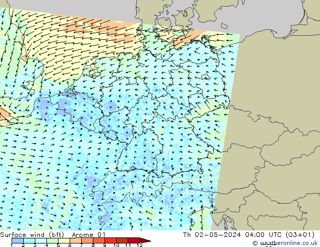 Bodenwind (bft) Arome 01 Do 02.05.2024 04 UTC