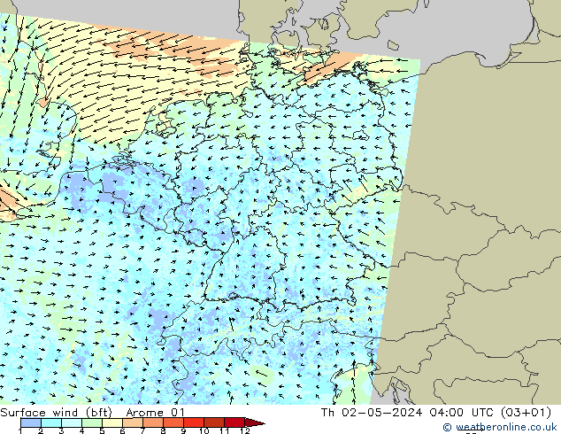 �N 10 米 (bft) Arome 01 星期四 02.05.2024 04 UTC