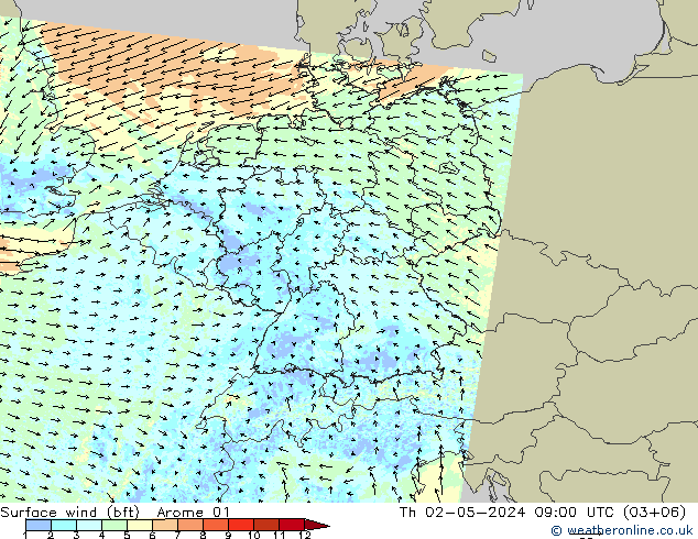 Rüzgar 10 m (bft) Arome 01 Per 02.05.2024 09 UTC