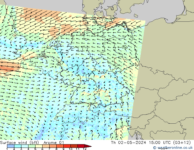 Surface wind (bft) Arome 01 Čt 02.05.2024 15 UTC