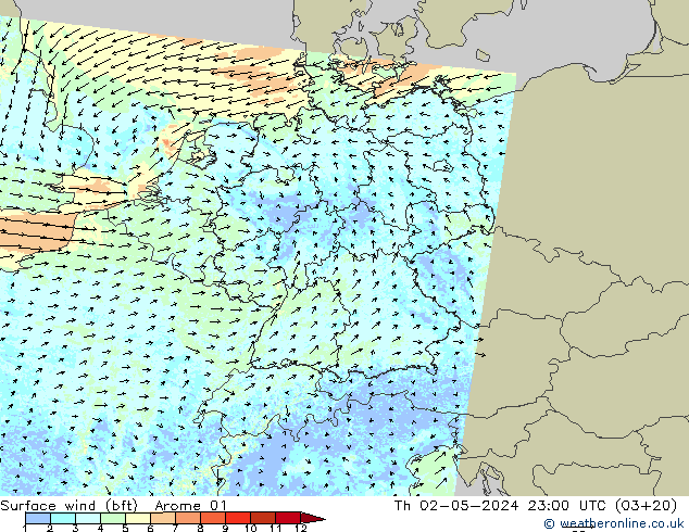 Bodenwind (bft) Arome 01 Do 02.05.2024 23 UTC