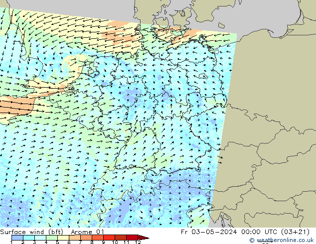Surface wind (bft) Arome 01 Pá 03.05.2024 00 UTC