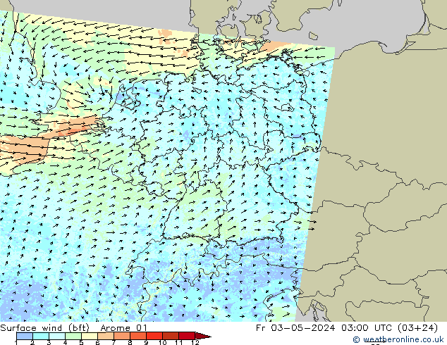 Wind 10 m (bft) Arome 01 vr 03.05.2024 03 UTC