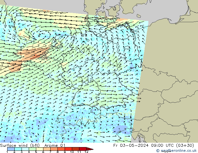 Wind 10 m (bft) Arome 01 vr 03.05.2024 09 UTC