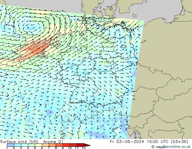 wiatr 10 m (bft) Arome 01 pt. 03.05.2024 15 UTC