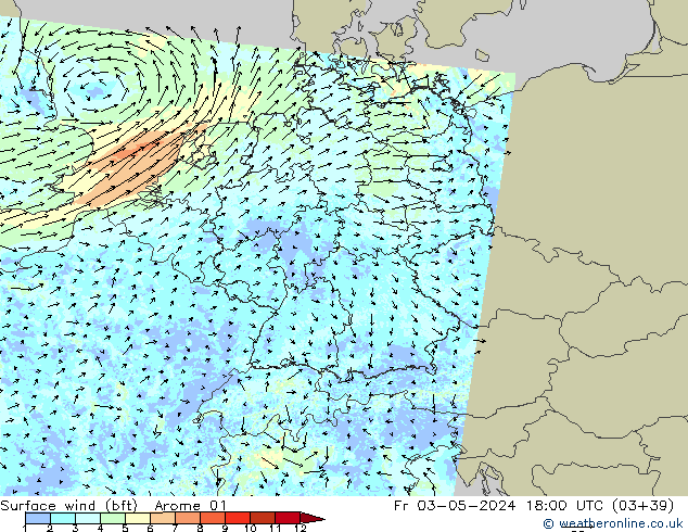 Viento 10 m (bft) Arome 01 vie 03.05.2024 18 UTC