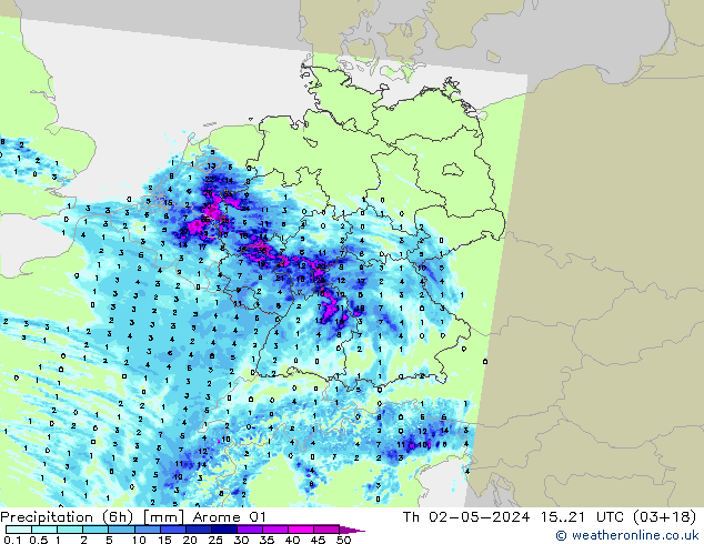 Precipitación (6h) Arome 01 jue 02.05.2024 21 UTC