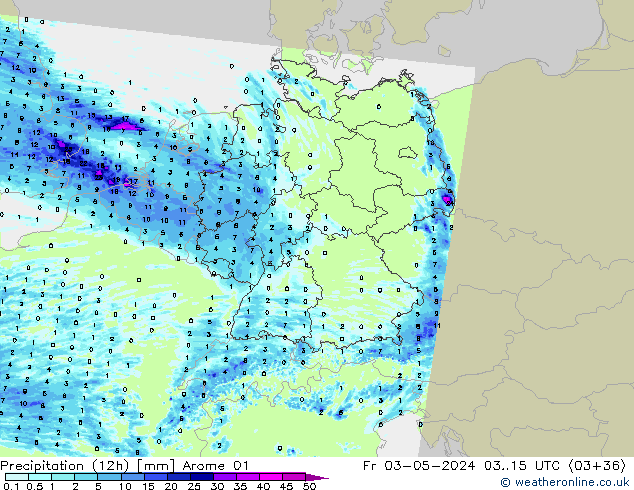 Totale neerslag (12h) Arome 01 vr 03.05.2024 15 UTC