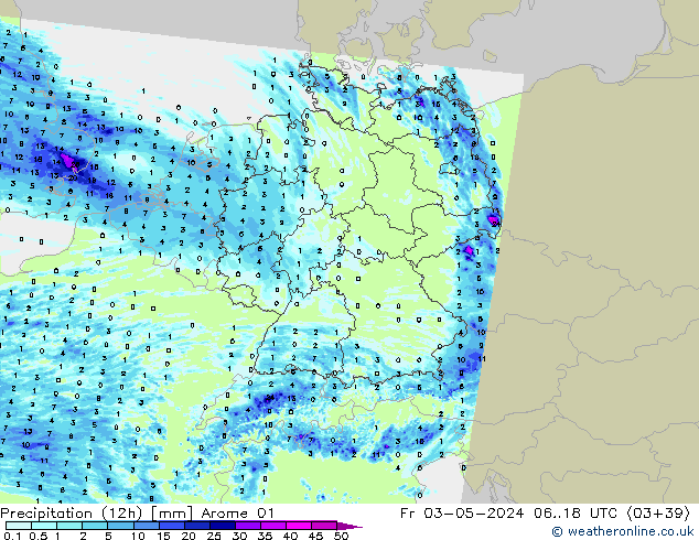 Precipitazione (12h) Arome 01 ven 03.05.2024 18 UTC