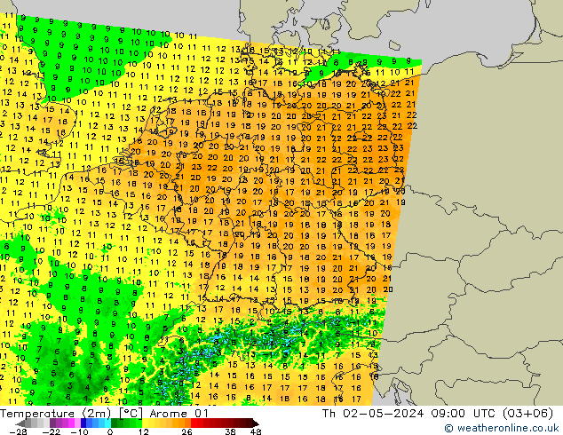 Temperatura (2m) Arome 01 jue 02.05.2024 09 UTC