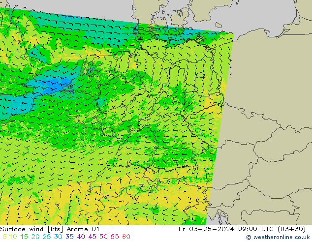Rüzgar 10 m Arome 01 Cu 03.05.2024 09 UTC