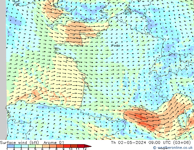 Bodenwind (bft) Arome 01 Do 02.05.2024 09 UTC