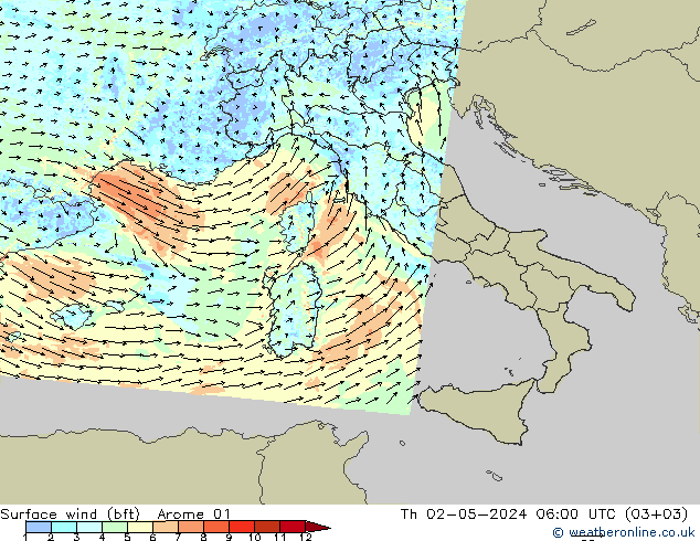 Rüzgar 10 m (bft) Arome 01 Per 02.05.2024 06 UTC