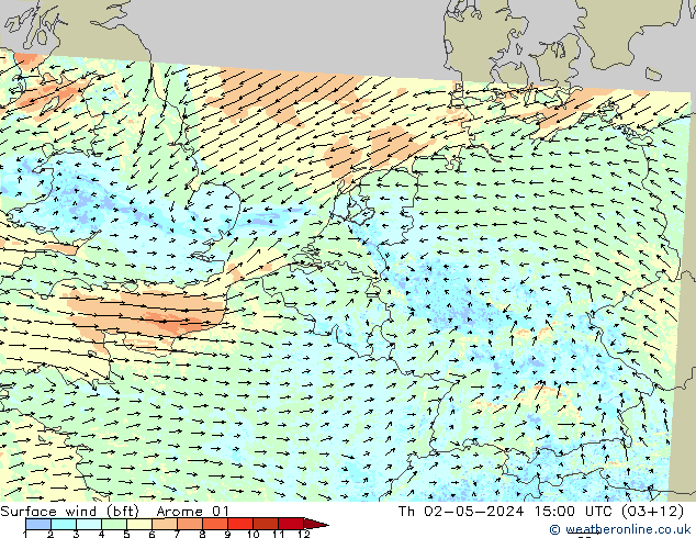 Vento 10 m (bft) Arome 01 gio 02.05.2024 15 UTC