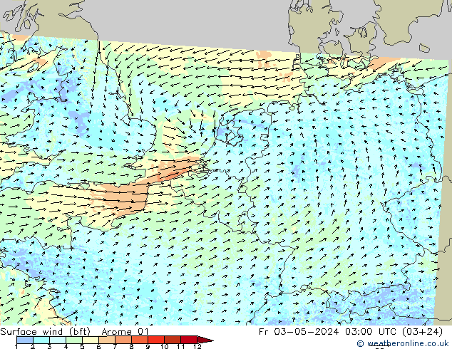 Rüzgar 10 m (bft) Arome 01 Cu 03.05.2024 03 UTC