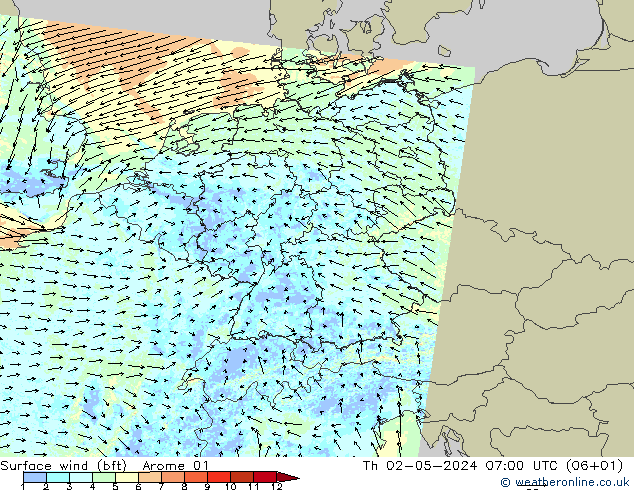 Wind 10 m (bft) Arome 01 do 02.05.2024 07 UTC
