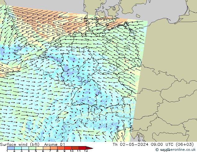 Surface wind (bft) Arome 01 Čt 02.05.2024 09 UTC