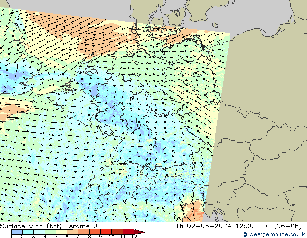 wiatr 10 m (bft) Arome 01 czw. 02.05.2024 12 UTC