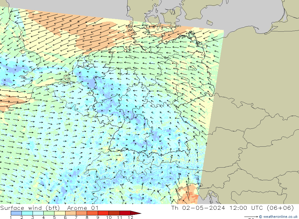 Viento 10 m (bft) Arome 01 jue 02.05.2024 12 UTC