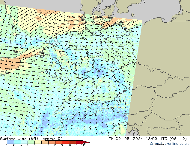 Surface wind (bft) Arome 01 Čt 02.05.2024 18 UTC