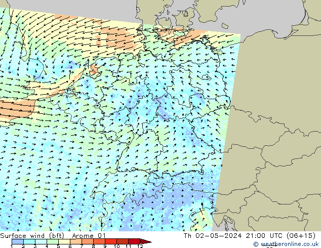 Bodenwind (bft) Arome 01 Do 02.05.2024 21 UTC
