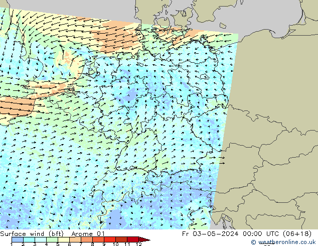 wiatr 10 m (bft) Arome 01 pt. 03.05.2024 00 UTC