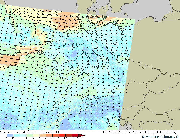 Rüzgar 10 m (bft) Arome 01 Cu 03.05.2024 00 UTC