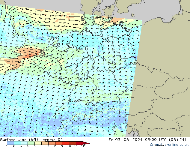 Wind 10 m (bft) Arome 01 vr 03.05.2024 06 UTC