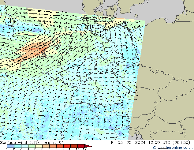 Surface wind (bft) Arome 01 Fr 03.05.2024 12 UTC