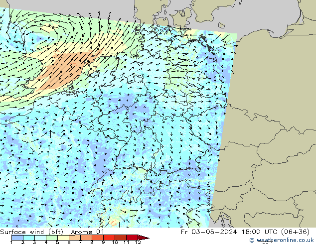 Bodenwind (bft) Arome 01 Fr 03.05.2024 18 UTC