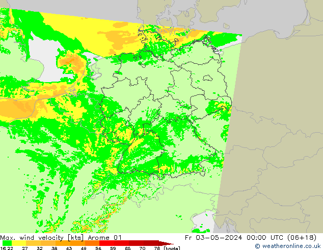 Max. wind velocity Arome 01 ven 03.05.2024 00 UTC