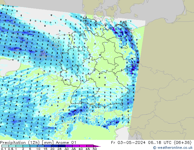 Precipitation (12h) Arome 01 Fr 03.05.2024 18 UTC