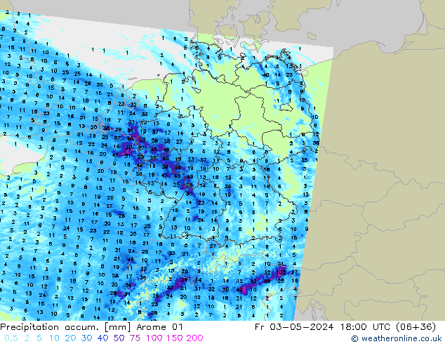 Precipitation accum. Arome 01 Fr 03.05.2024 18 UTC