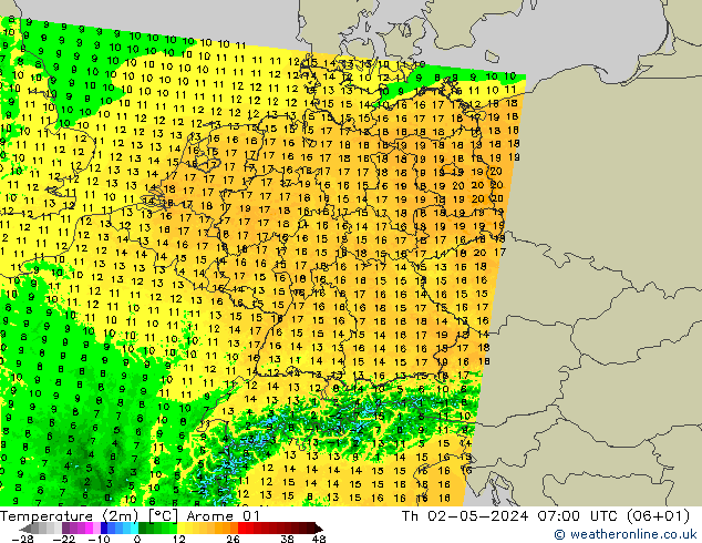 Temperatura (2m) Arome 01 jue 02.05.2024 07 UTC