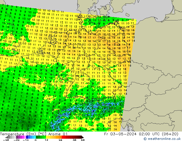 Temperatuurkaart (2m) Arome 01 vr 03.05.2024 02 UTC