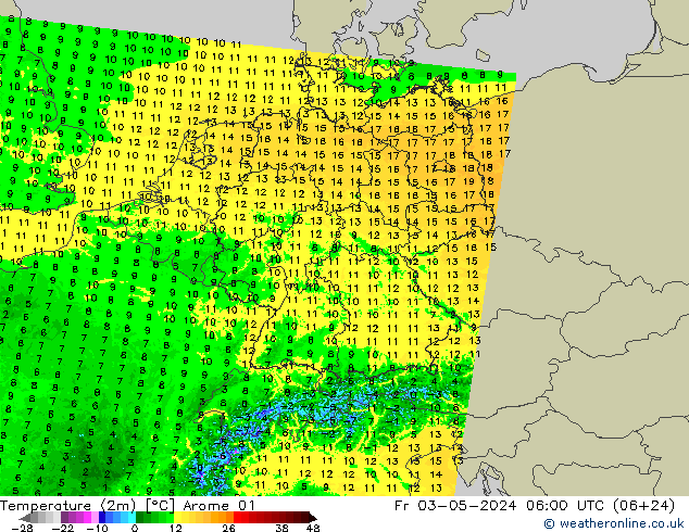 Temperature (2m) Arome 01 Fr 03.05.2024 06 UTC