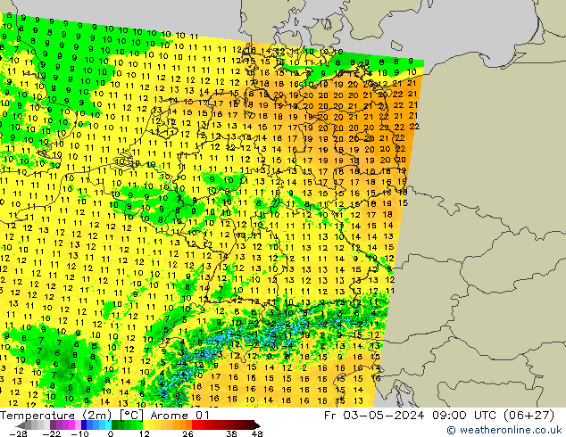 Sıcaklık Haritası (2m) Arome 01 Cu 03.05.2024 09 UTC