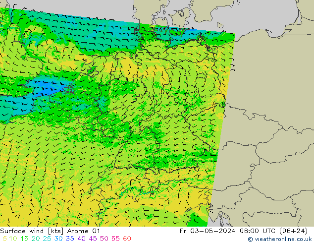 Surface wind Arome 01 Fr 03.05.2024 06 UTC