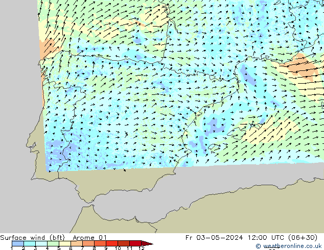 Wind 10 m (bft) Arome 01 vr 03.05.2024 12 UTC