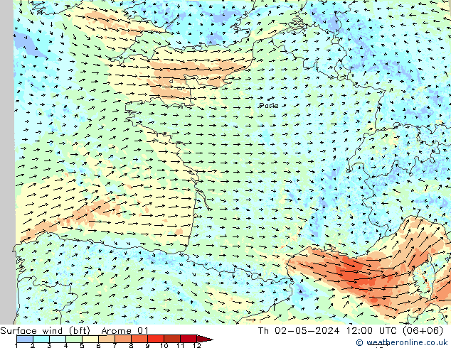 Surface wind (bft) Arome 01 Th 02.05.2024 12 UTC
