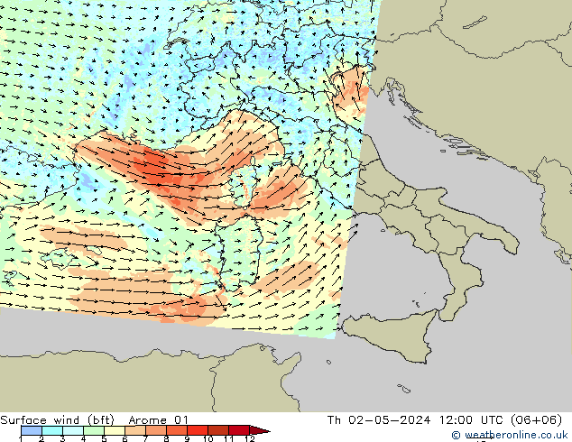 Vento 10 m (bft) Arome 01 gio 02.05.2024 12 UTC