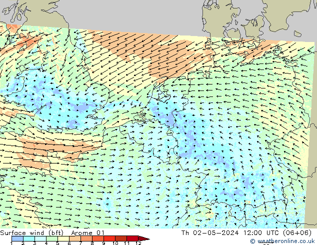 Bodenwind (bft) Arome 01 Do 02.05.2024 12 UTC