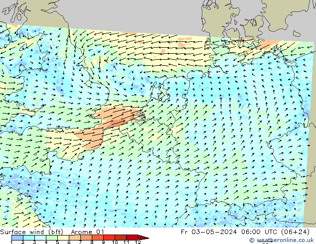 Viento 10 m (bft) Arome 01 vie 03.05.2024 06 UTC