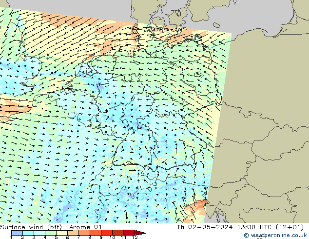 Viento 10 m (bft) Arome 01 jue 02.05.2024 13 UTC