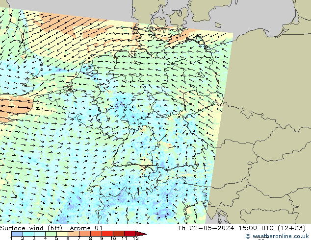 �N 10 米 (bft) Arome 01 星期四 02.05.2024 15 UTC
