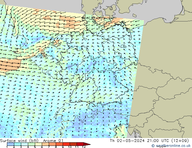 Surface wind (bft) Arome 01 Th 02.05.2024 21 UTC