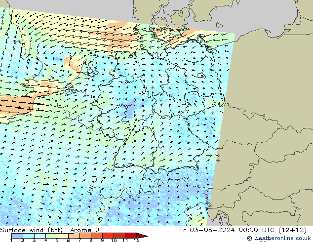 Rüzgar 10 m (bft) Arome 01 Cu 03.05.2024 00 UTC