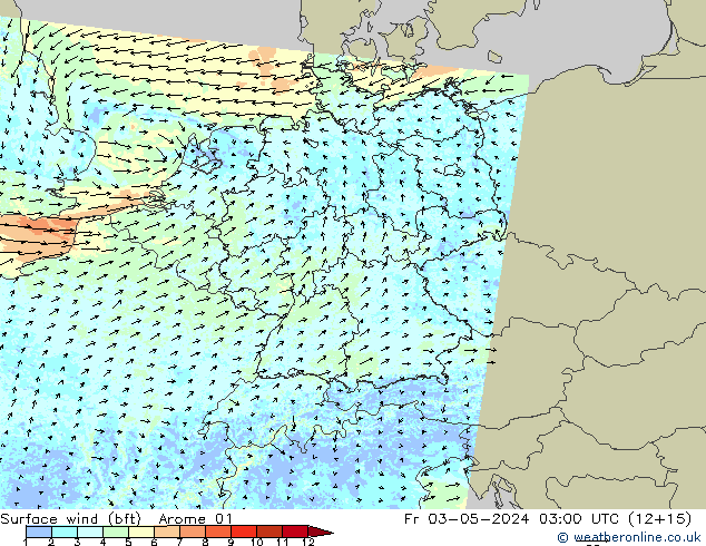 Surface wind (bft) Arome 01 Fr 03.05.2024 03 UTC
