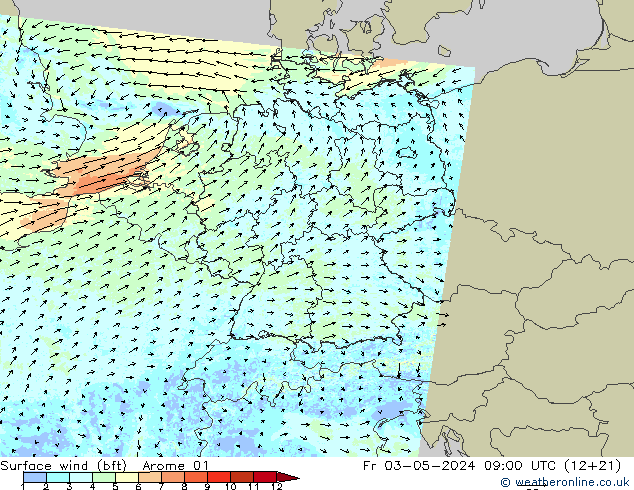 wiatr 10 m (bft) Arome 01 pt. 03.05.2024 09 UTC