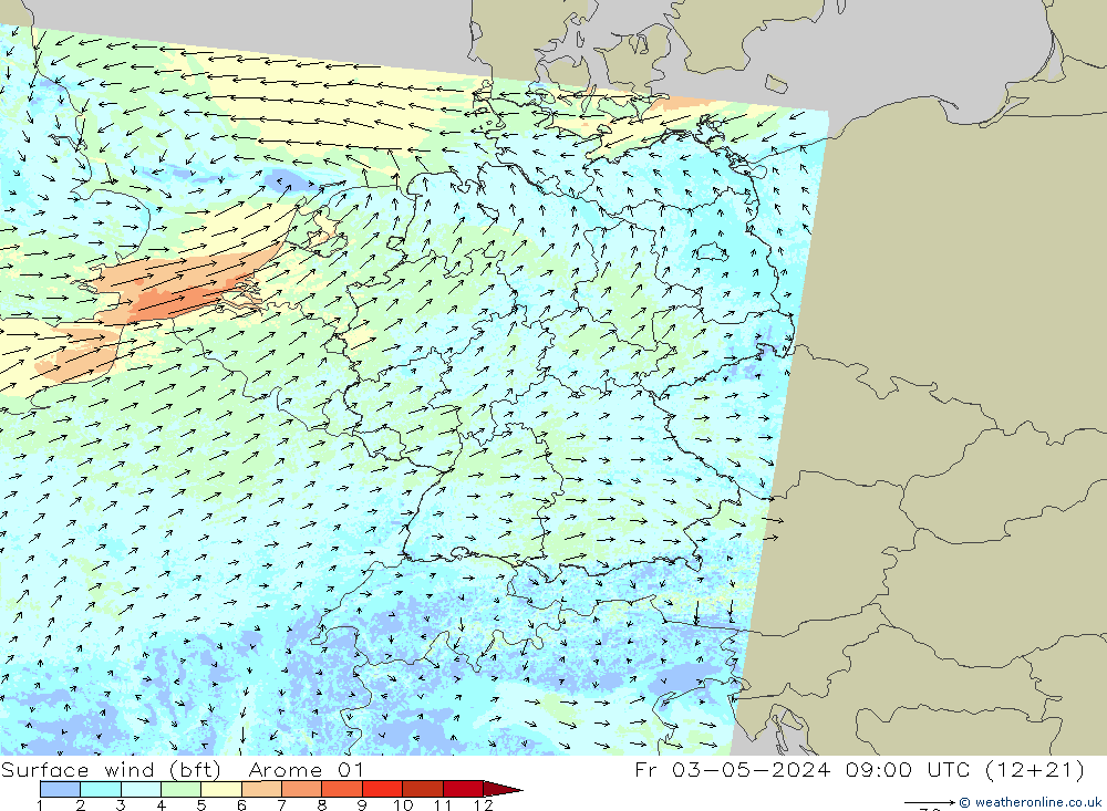 Surface wind (bft) Arome 01 Fr 03.05.2024 09 UTC